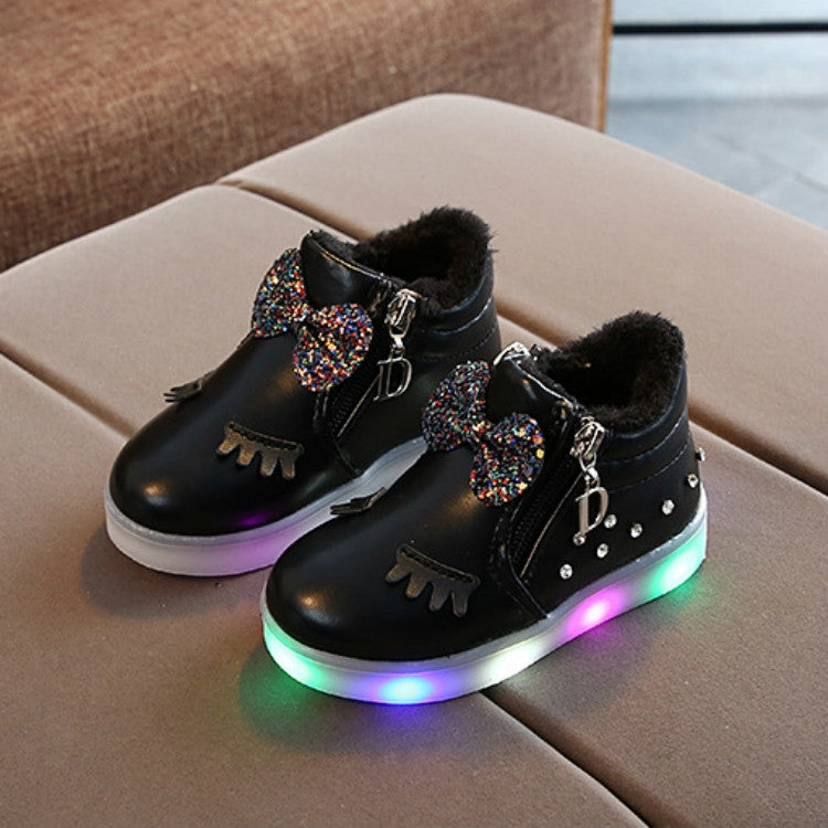 Kids Shoes Baby Infant Girls Eyelash Crystal Bowknot LED Luminous Boots Shoes Sneakers, Size:32