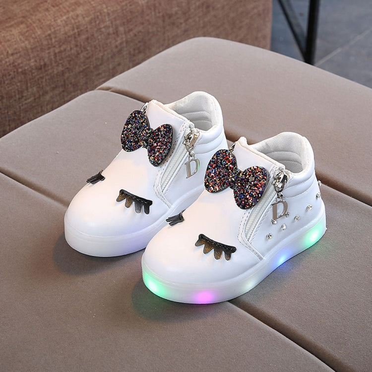 Kids Shoes Baby Infant Girls Eyelash Crystal Bowknot LED Luminous Boots Shoes Sneakers, Size:33