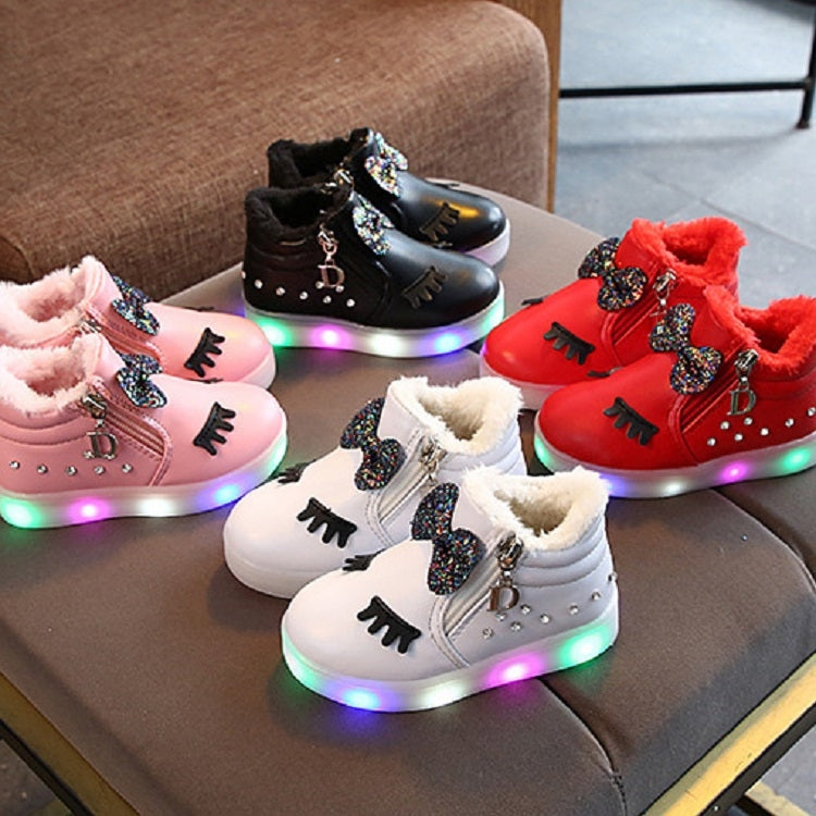 Kids Shoes Baby Infant Girls Eyelash Crystal Bowknot LED Luminous Boots Shoes Sneakers, Size:33