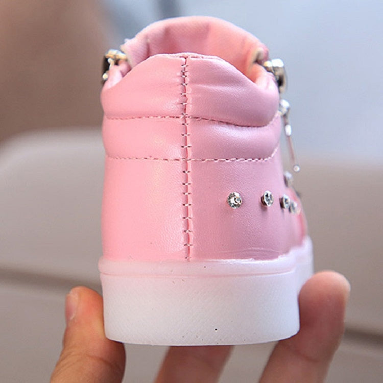 Kids Shoes Baby Infant Girls Eyelash Crystal Bowknot LED Luminous Boots Shoes Sneakers, Size:33