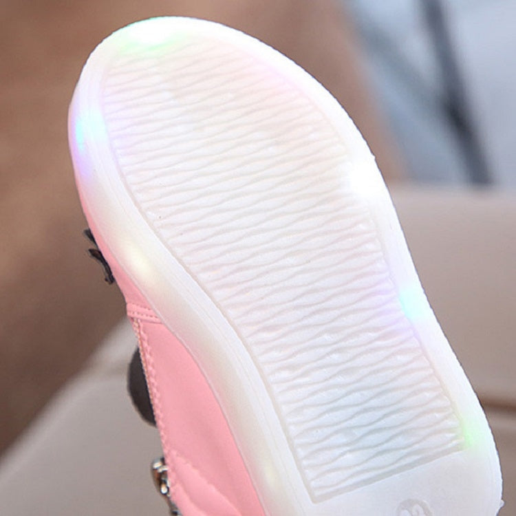 Kids Shoes Baby Infant Girls Eyelash Crystal Bowknot LED Luminous Boots Shoes Sneakers, Size:33
