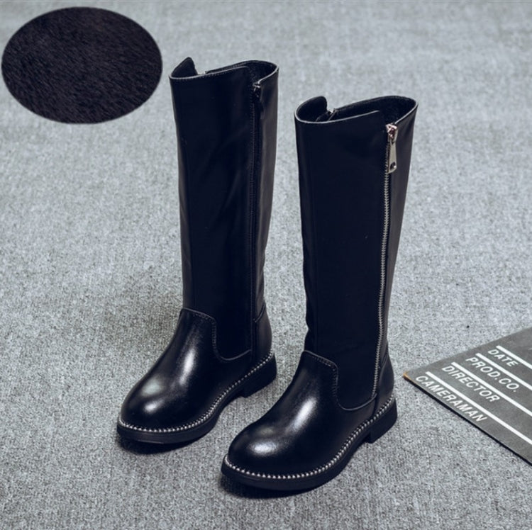 Winter Girls Leather High-Top Snow Boots, Size:28, Color:Black thin cotton boots