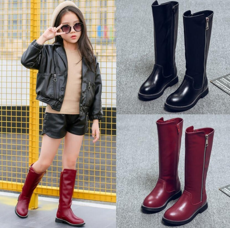 Winter Girls Leather High-Top Snow Boots, Size:30, Color:Black thin cotton boots