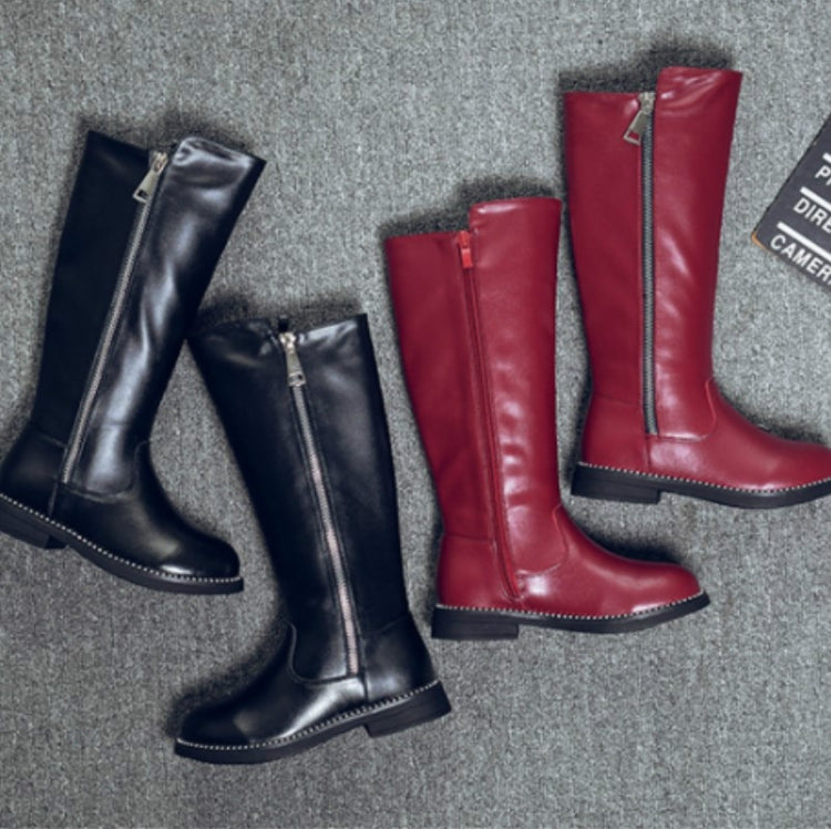 Winter Girls Leather High-Top Snow Boots, Size:26, Color:Burgundy thick cotton boots