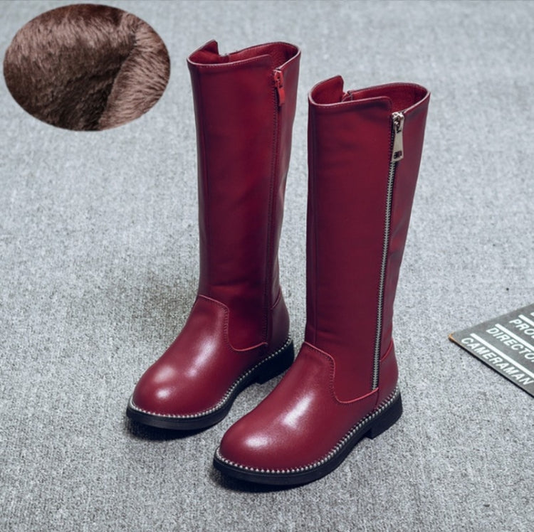 Winter Girls Leather High-Top Snow Boots, Size:28, Color:Burgundy thick cotton boots