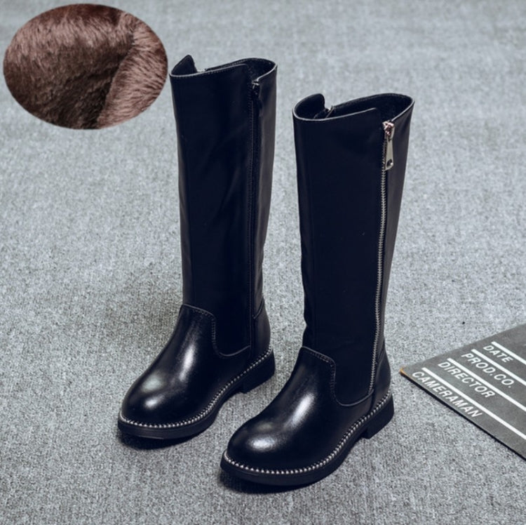 Winter Girls Leather High-Top Snow Boots, Size:33, Color:Black thick cotton boots