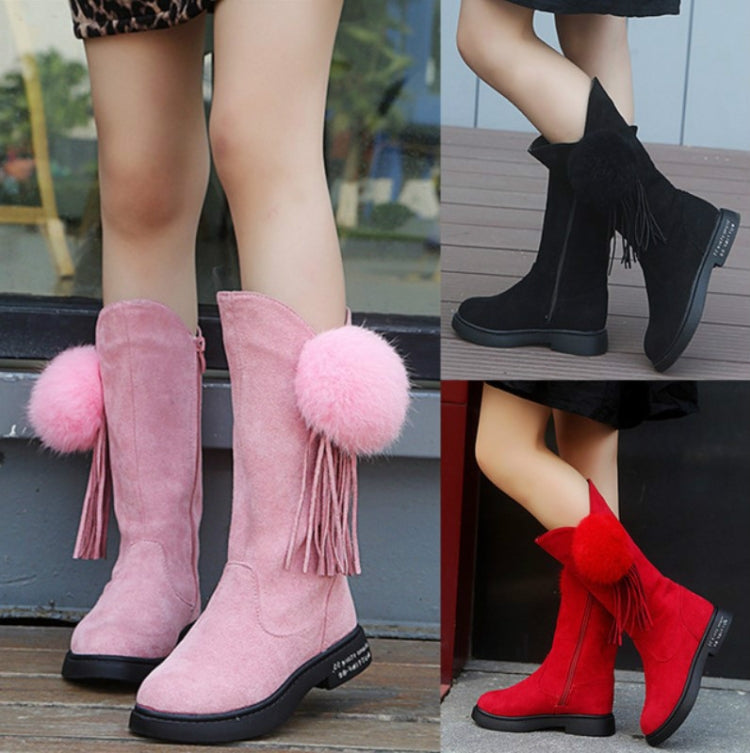 Soild Color Winter Tall Tube Plus Velvet Ball Plush Little Girl Princess Boots, Size:28