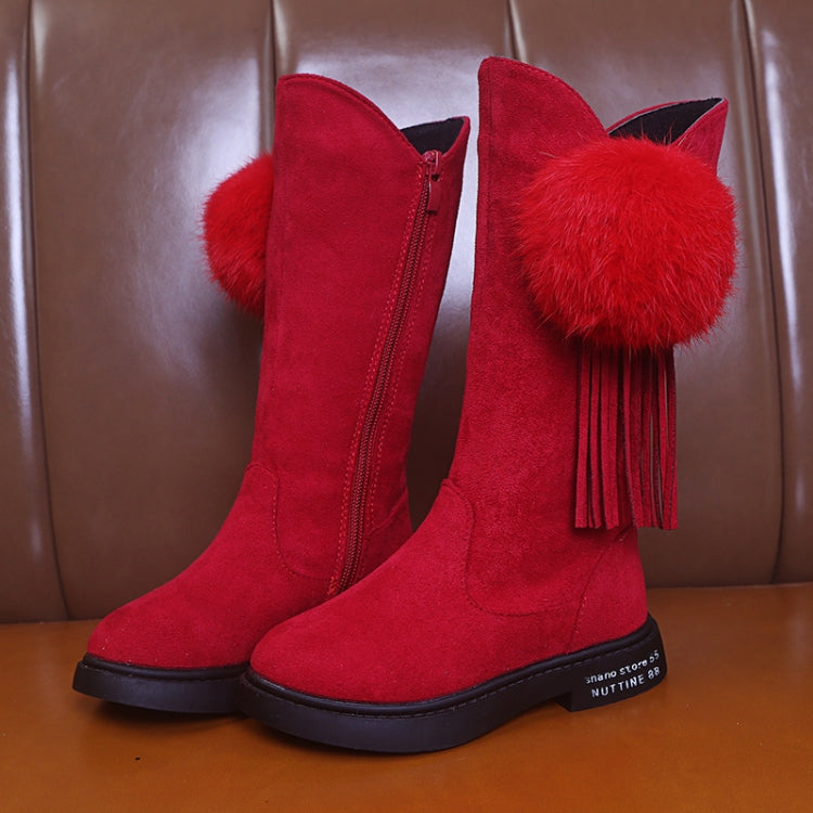 Soild Color Winter Tall Tube Plus Velvet Ball Plush Little Girl Princess Boots, Size:33