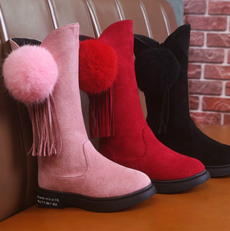 Soild Color Winter Tall Tube Plus Velvet Ball Plush Little Girl Princess Boots, Size:34