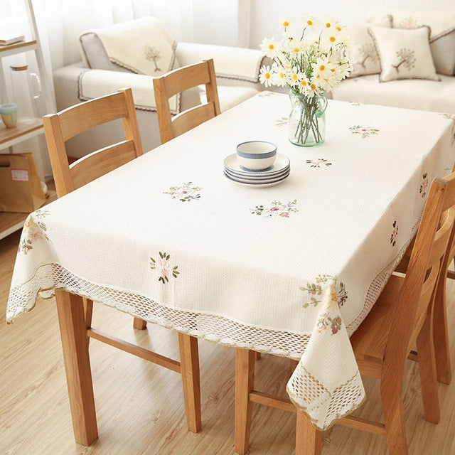 Flowers Hollow Lace Cotton Linen Dustproof Table cloth Wedding Banquet TV Cabinet Cover Cloth, Size:145x215cm(White)