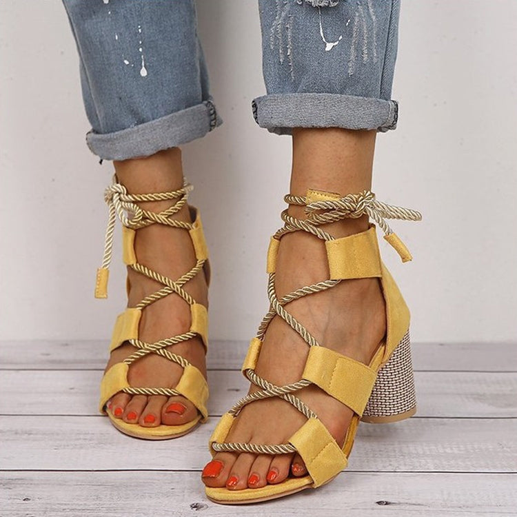 Women Shoes Openwork Color Block Hemp Lace Up High Heels, Size:35