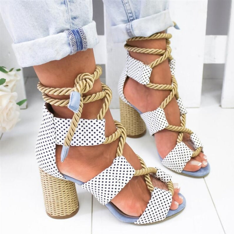 Women Shoes Openwork Color Block Hemp Lace Up High Heels, Size:35