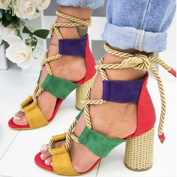 Women Shoes Openwork Color Block Hemp Lace Up High Heels, Size:35