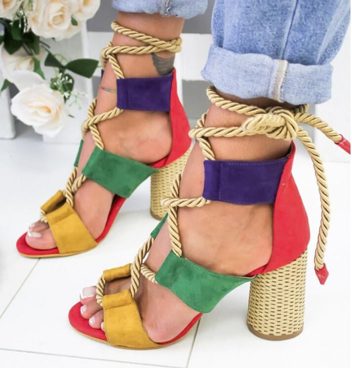 Women Shoes Openwork Color Block Hemp Lace Up High Heels, Size:35