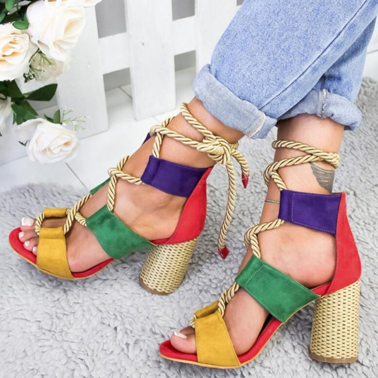 Women Shoes Openwork Color Block Hemp Lace Up High Heels, Size:35