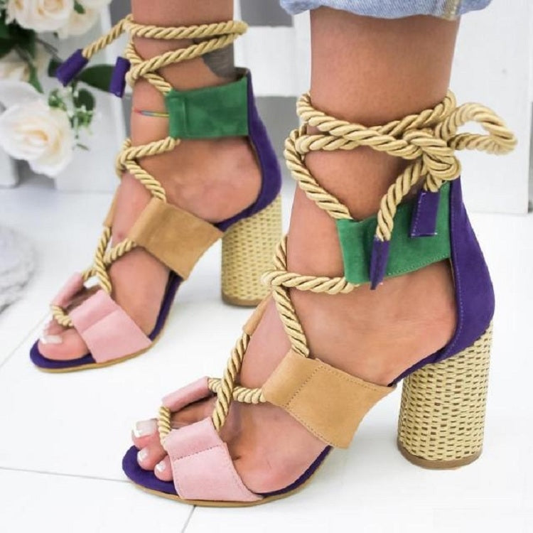 Women Shoes Openwork Color Block Hemp Lace Up High Heels, Size:35