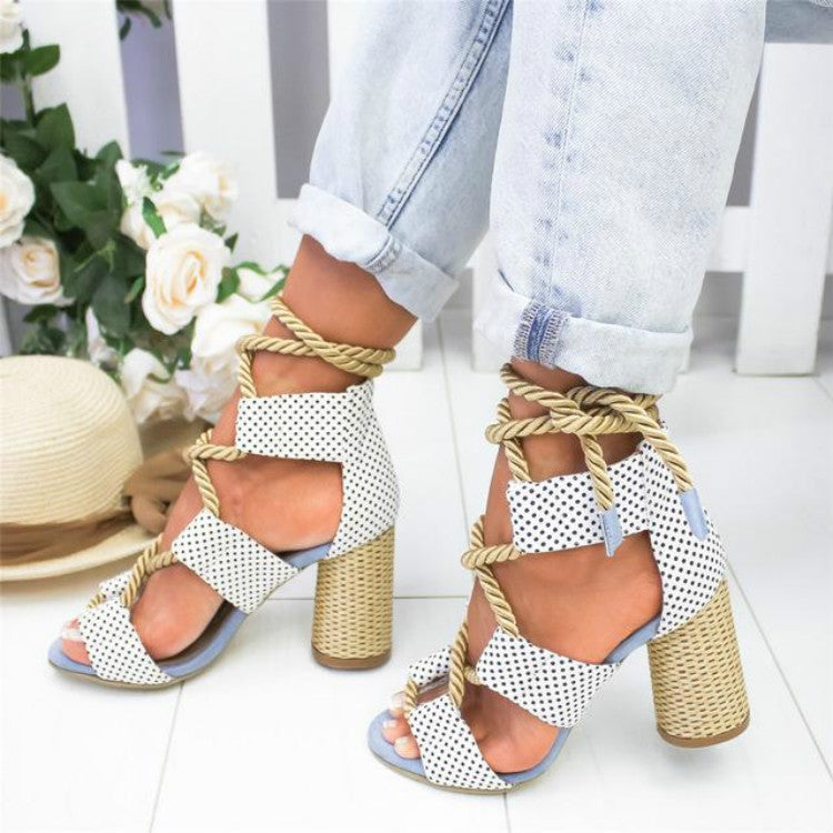 Women Shoes Openwork Color Block Hemp Lace Up High Heels, Size:40