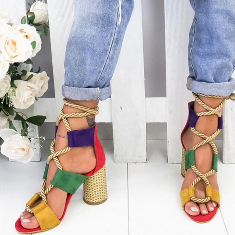 Women Shoes Openwork Color Block Hemp Lace Up High Heels, Size:40