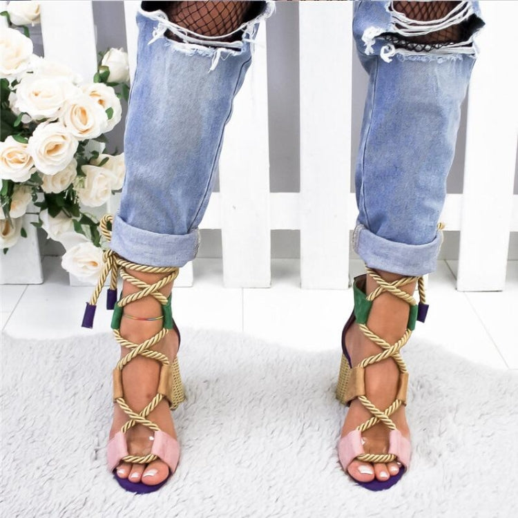 Women Shoes Openwork Color Block Hemp Lace Up High Heels, Size:40