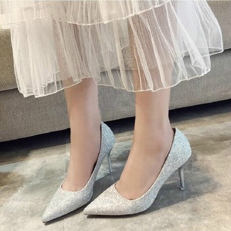 Women Shoes Shallow Glitter Frosted Stiletto, Size:36