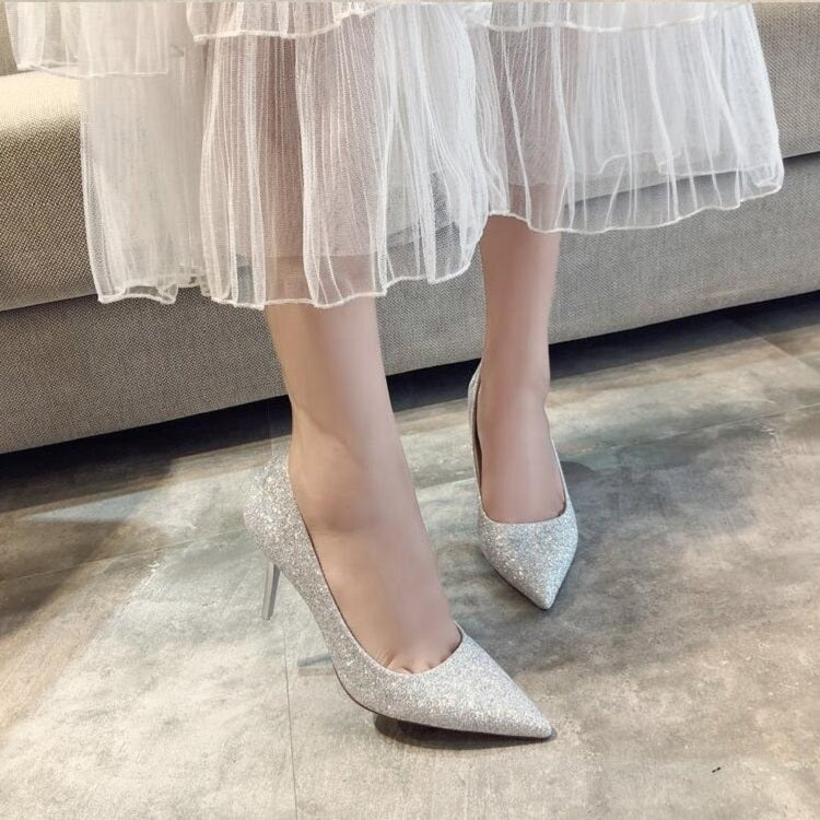Women Shoes Shallow Glitter Frosted Stiletto, Size:36