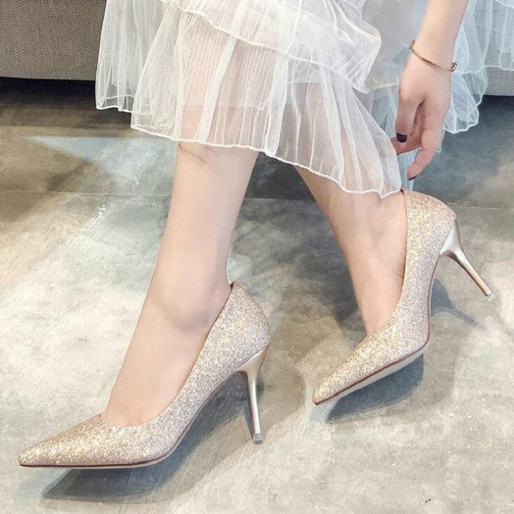 Women Shoes Shallow Glitter Frosted Stiletto, Size:38