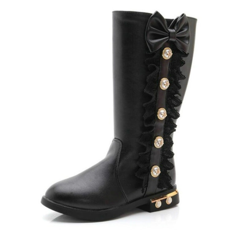 Winter Warm Solid Color Flat Bow Non-Slip Plus Velvet Little Girl Boots, Size:31