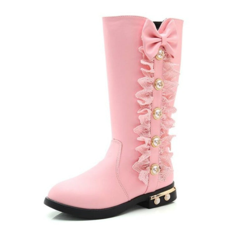 Winter Warm Solid Color Flat Bow Non-Slip Plus Velvet Little Girl Boots, Size:31