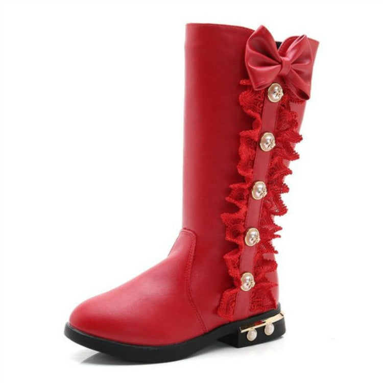 Winter Warm Solid Color Flat Bow Non-Slip Plus Velvet Little Girl Boots, Size:32(Red)