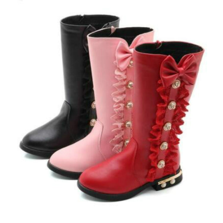 Winter Warm Solid Color Flat Bow Non-Slip Plus Velvet Little Girl Boots, Size:32(Red)