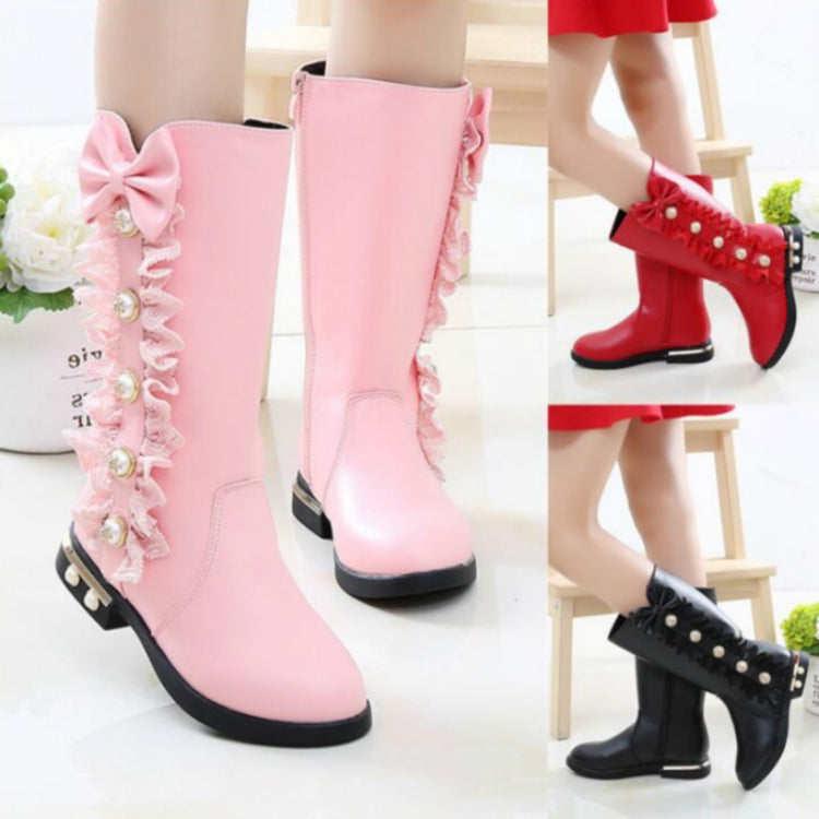Winter Warm Solid Color Flat Bow Non-Slip Plus Velvet Little Girl Boots, Size:32(Red)