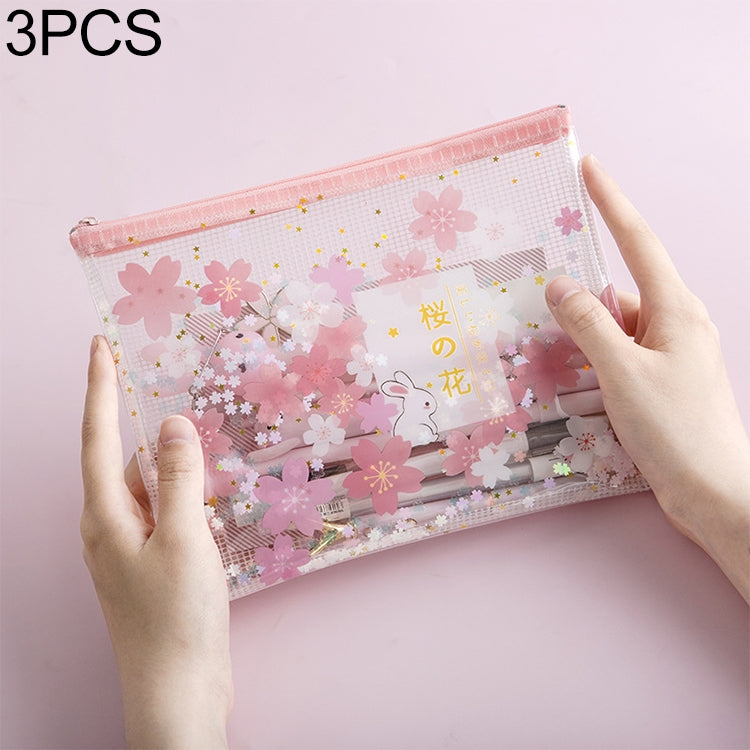 3 PCS Cat in Sakura Sequins Mesh Bag Folder, Color:B5