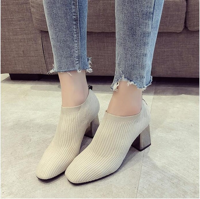 Women Shoes Square Toe Knit Heel Martin Boots, Size:36