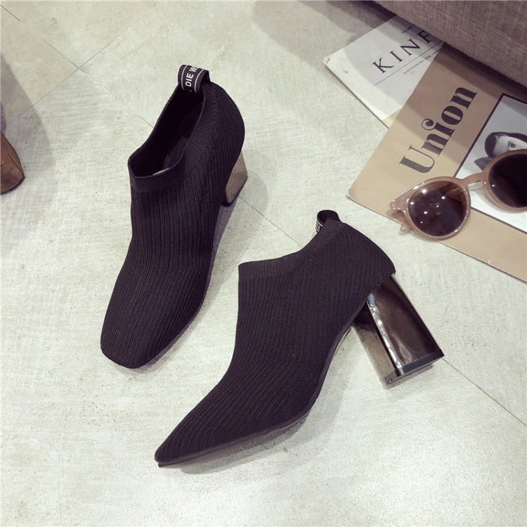Women Shoes Square Toe Knit Heel Martin Boots, Size:36