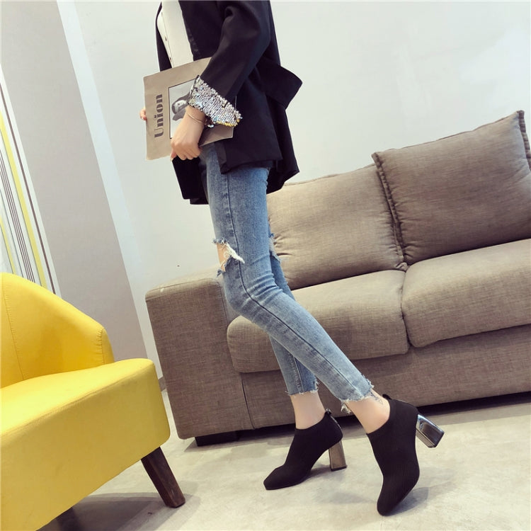 Women Shoes Square Toe Knit Heel Martin Boots, Size:36