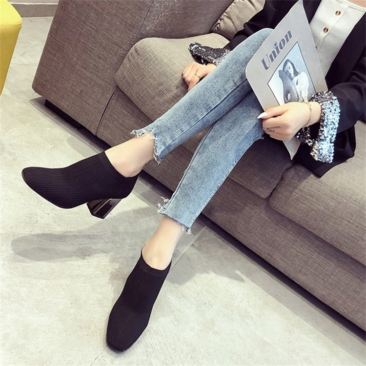 Women Shoes Square Toe Knit Heel Martin Boots, Size:36