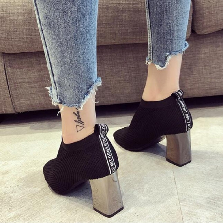 Women Shoes Square Toe Knit Heel Martin Boots, Size:36