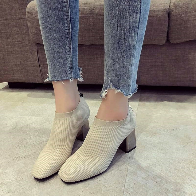 Women Shoes Square Toe Knit Heel Martin Boots, Size:36