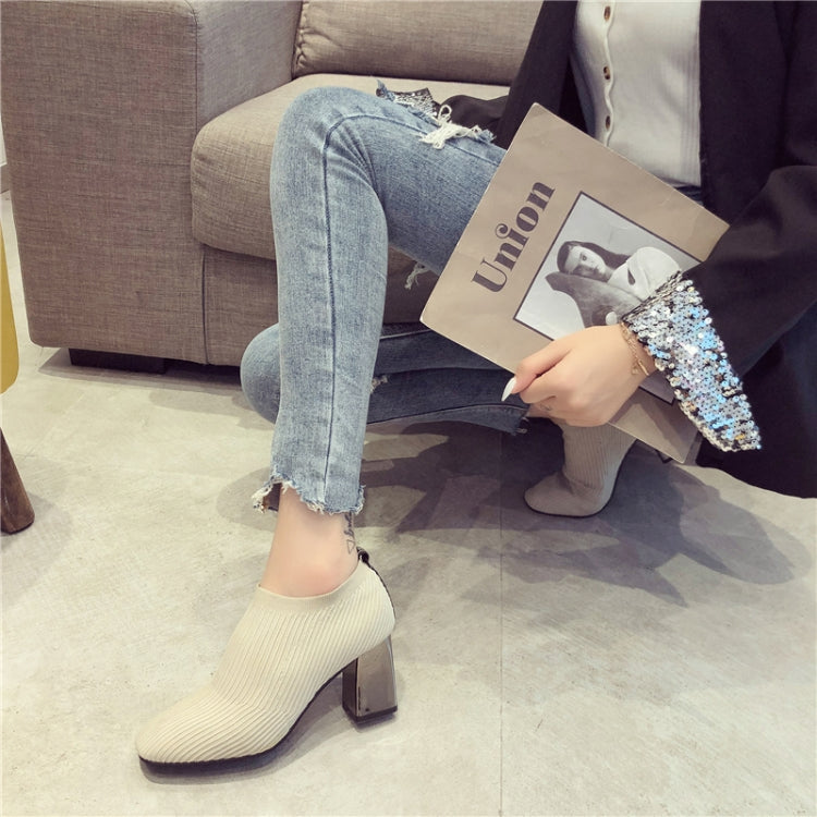 Women Shoes Square Toe Knit Heel Martin Boots, Size:36