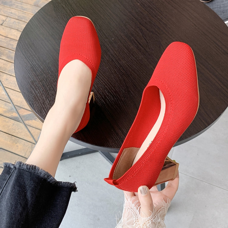 Breathable Stretch Knit Pumps High Square Golden Heels Women Slip On Square Toe V Mouth Casual Lady Cozy Shoes, Size:36