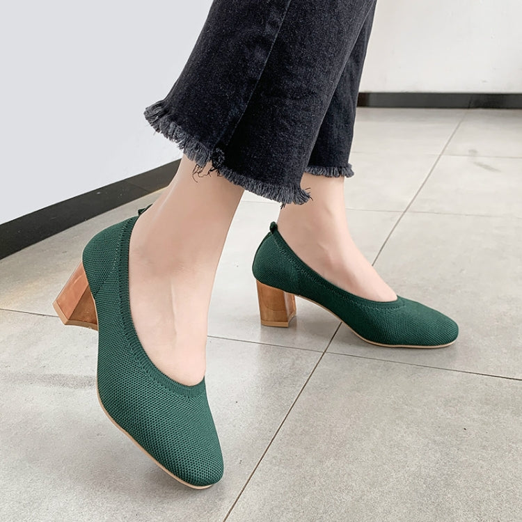 Breathable Stretch Knit Pumps High Square Golden Heels Women Slip On Square Toe V Mouth Casual Lady Cozy Shoes, Size:39