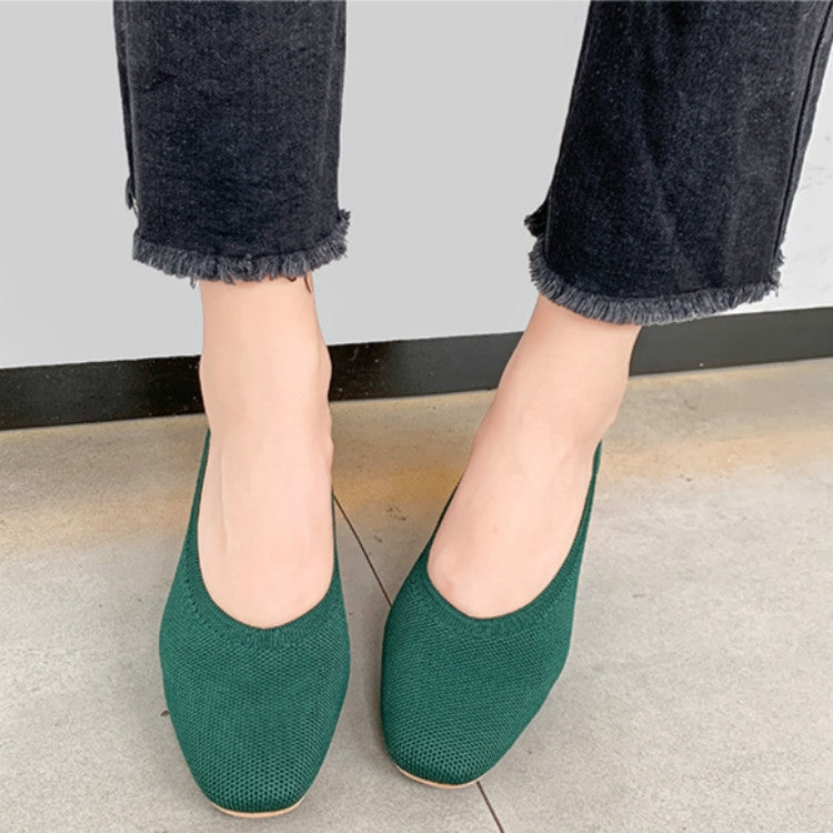 Breathable Stretch Knit Pumps High Square Golden Heels Women Slip On Square Toe V Mouth Casual Lady Cozy Shoes, Size:39