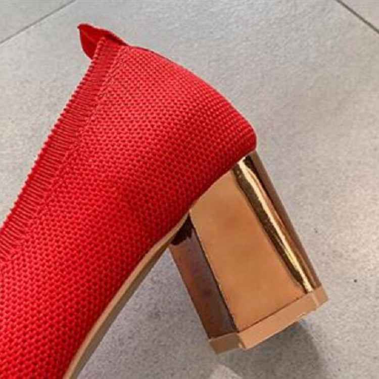 Breathable Stretch Knit Pumps High Square Golden Heels Women Slip On Square Toe V Mouth Casual Lady Cozy Shoes, Size:39