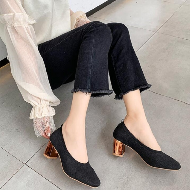 Breathable Stretch Knit Pumps High Square Golden Heels Women Slip On Square Toe V Mouth Casual Lady Cozy Shoes, Size:39