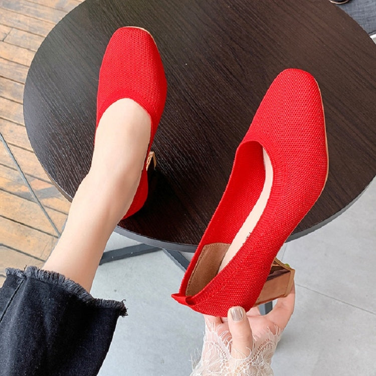 Breathable Stretch Knit Pumps High Square Golden Heels Women Slip On Square Toe V Mouth Casual Lady Cozy Shoes, Size:39