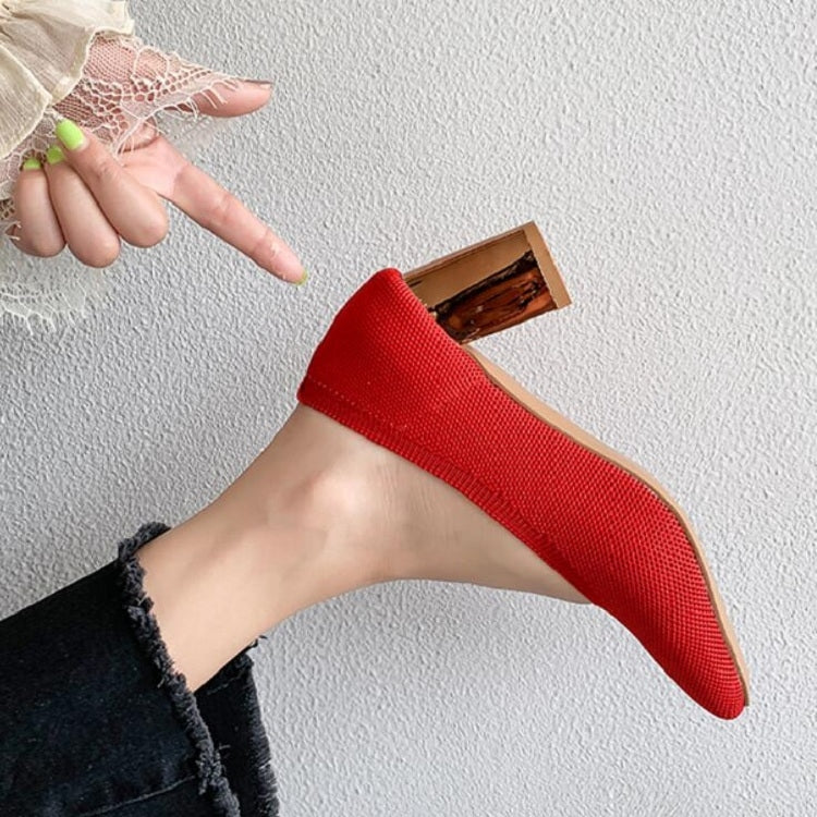 Breathable Stretch Knit Pumps High Square Golden Heels Women Slip On Square Toe V Mouth Casual Lady Cozy Shoes, Size:39