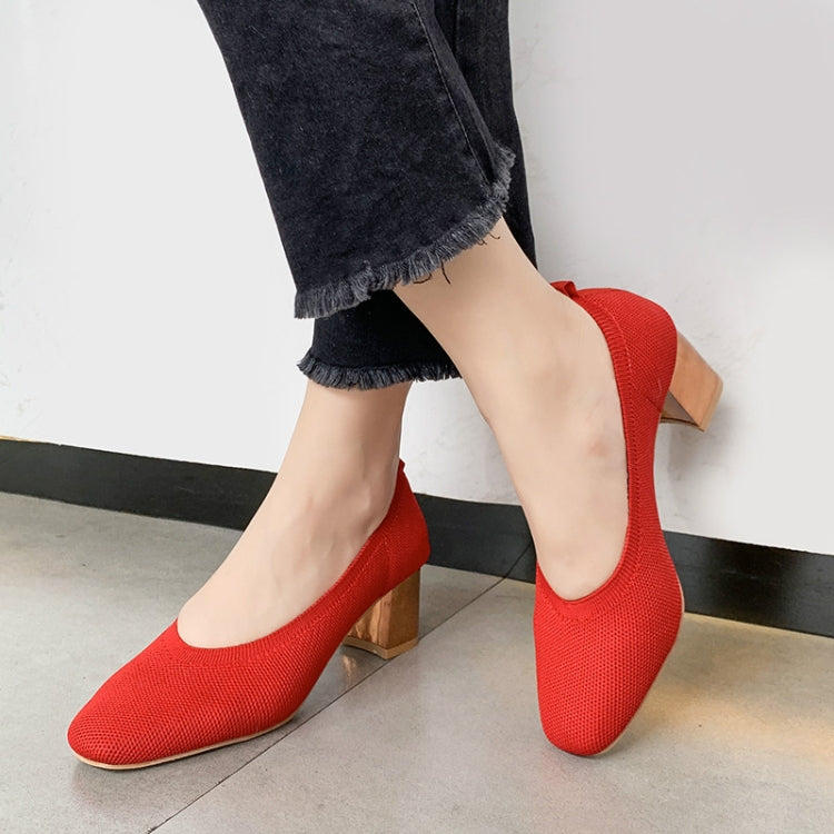Breathable Stretch Knit Pumps High Square Golden Heels Women Slip On Square Toe V Mouth Casual Lady Cozy Shoes, Size:39