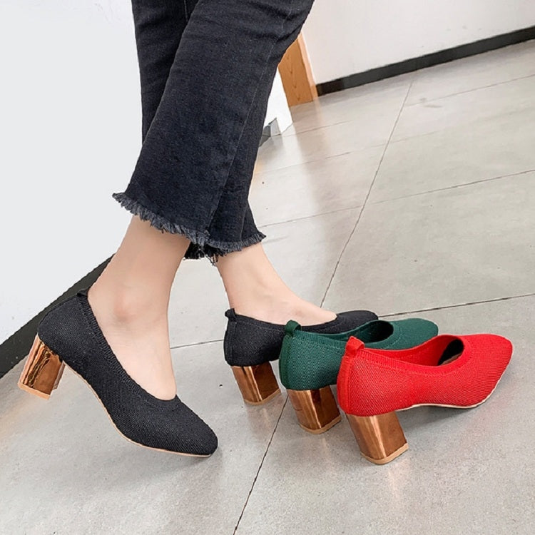 Breathable Stretch Knit Pumps High Square Golden Heels Women Slip On Square Toe V Mouth Casual Lady Cozy Shoes, Size:39