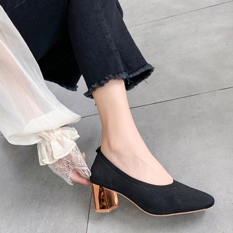 Breathable Stretch Knit Pumps High Square Golden Heels Women Slip On Square Toe V Mouth Casual Lady Cozy Shoes, Size:39