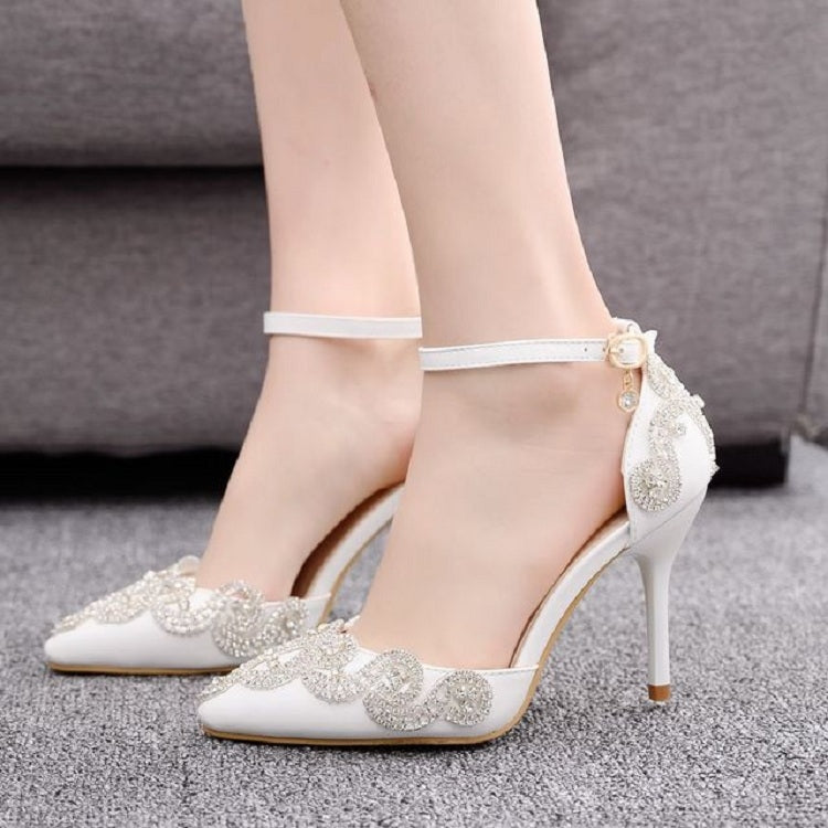 Rhinestone Stiletto Pointed Heel Women Shoes, Size:34(White)